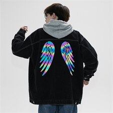 2021秋季新日系大码男镭射反光炫彩翅膀印花牛仔夹克外套NJ123P75，男装夹克，电商A001