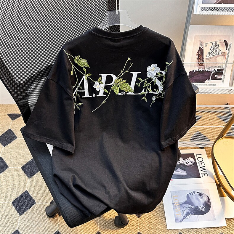 夏季新款植物花卉刺绣短袖T恤潮流时尚休闲百搭上衣,男装T恤,星座410-7