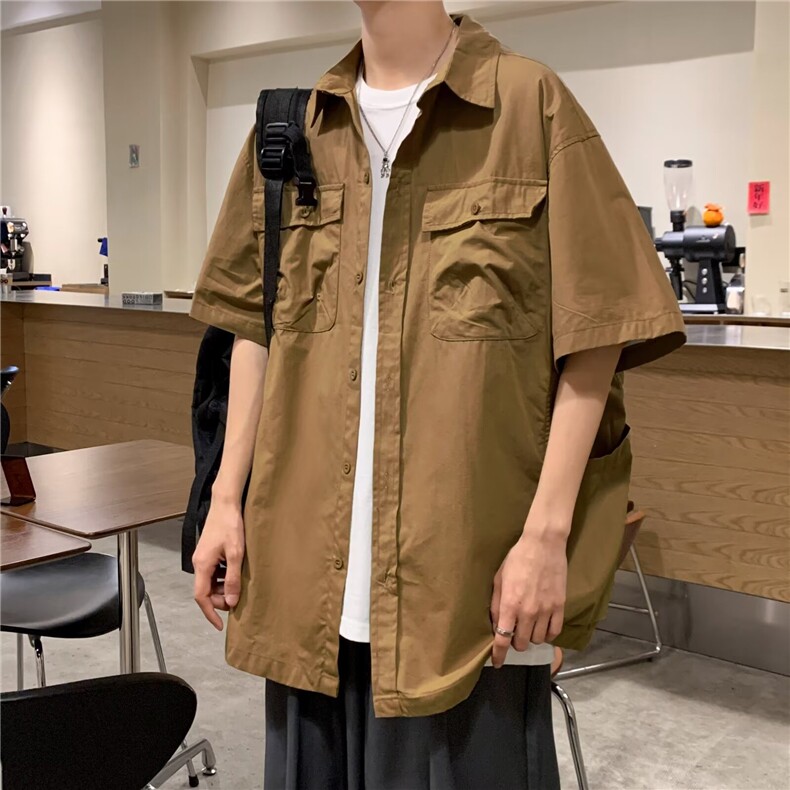 日系复古宽松短袖衬衫男工装外套衬衣中性小众上衣C02212-P38,男装衬衫,星座308B-2