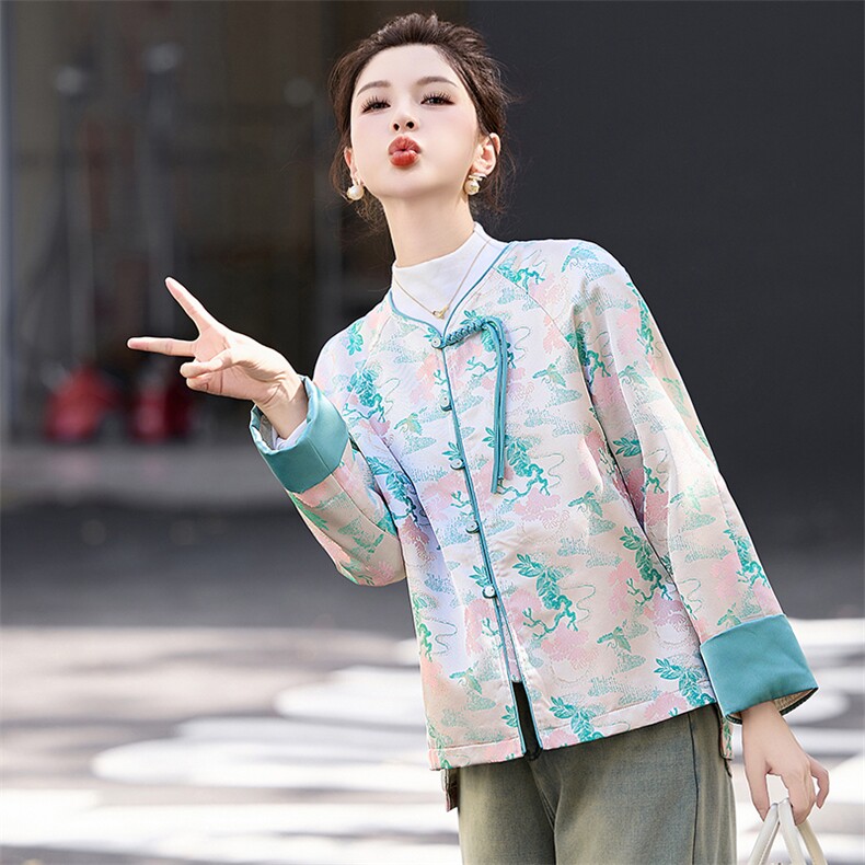杭州姿依阁新中式国风撞色提花盘扣外套女2025春季新款复古改良唐,女装短外套,曼琳思菲