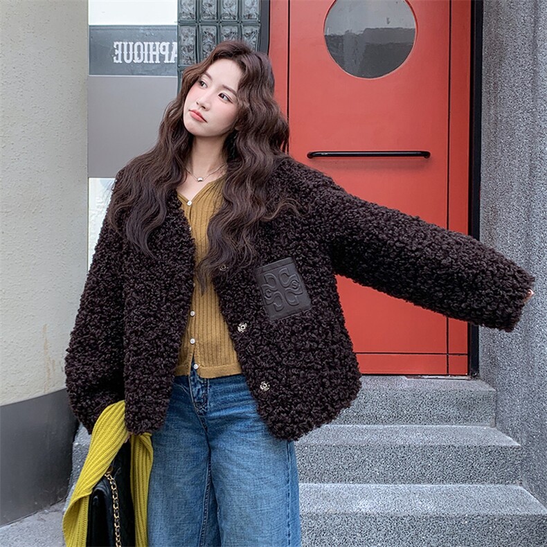 咖色皮毛一体羊羔毛外套女2C317A-8538-P195-K299,女装短外套,2C317A
