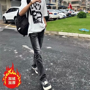 潮牌牛仔裤男秋冬款修身直筒裤灰色弹力休闲男士裤子韩版潮流加绒图片