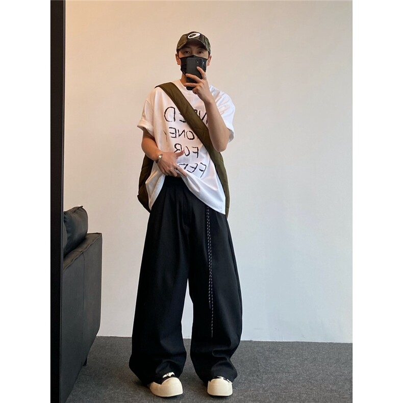 春夏美式复古通勤垂感黑色弯刀西裤男女直筒宽松潮牌阔腿休闲长裤,男装西裤,星座506A