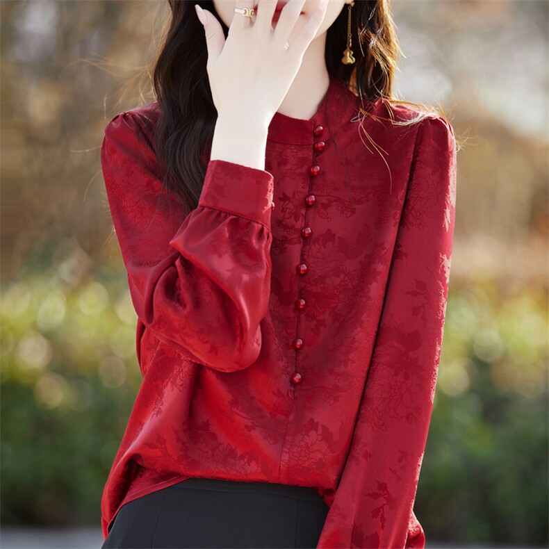 中国风复古圆领衬衫女士长袖春秋季新款套头打底衬衣印花上衣小衫，女装衬衫，臻维羊绒
