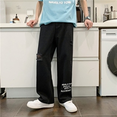 k705-p48-控68M-5XL破洞显瘦大码港风高阶宽松牛仔裤微喇，男装牛仔裤，星座116
