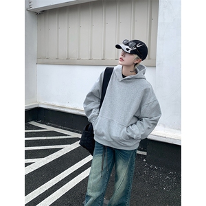 灰色cleanfit男生短款卫衣美式重磅连帽大帽衫廓形外套潮WY004P48图片