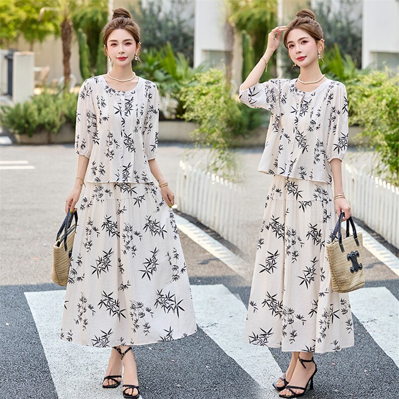 时尚休闲套装2025夏季新款女装印花宽松上衣半裙两件套裙LB2801，女装套装/套裙，罗得堡