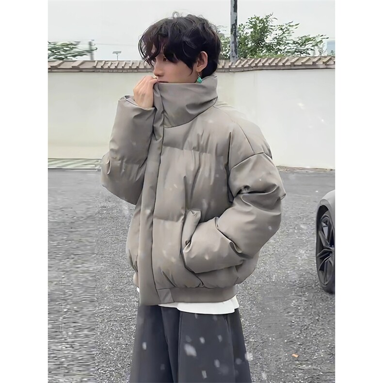 现货5W件冬季三防重磅硬挺boxy短款羽绒立领PU皮棉衣外套加厚棉服,男装棉衣,电商A486