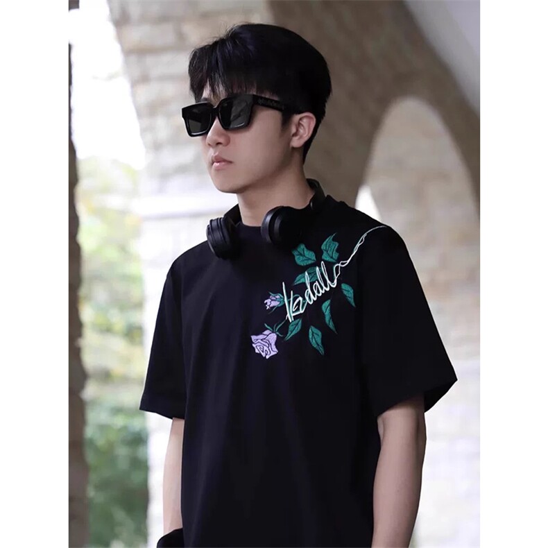 网图有货夏季美式紫色玫瑰刺绣短袖T恤男女情侣宽松上衣A619-P38,男装T恤,星座1505