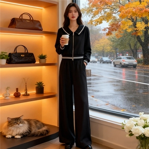 高品质时尚气质减龄套装女秋款娃娃领双头拉链长袖上衣长裤两件套图片