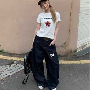 大码美式口袋廓形弯刀牛仔裤女设计感宽松百搭阔腿裤垂感拖地长裤图片