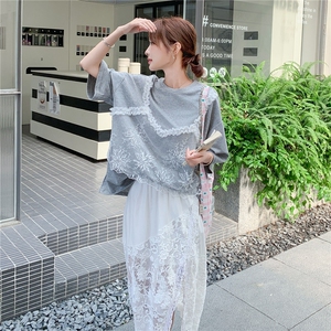 韩版运动休闲显瘦时尚套装女2025年夏季新款蕾丝短袖半身裙两件套图片