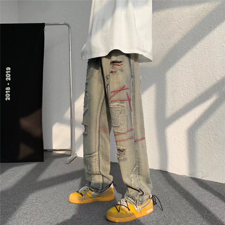 气质长裤时尚潮牌破洞牛仔裤慵懒夏季日系K8076P48,男装牛仔裤,星座1116-2