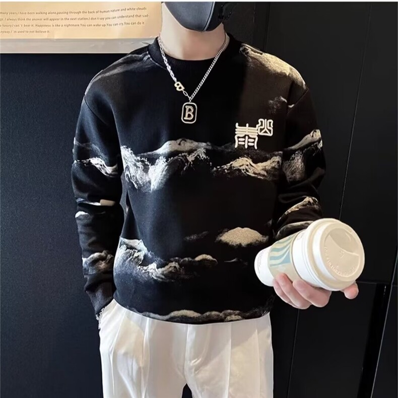 美式潮牌小熊钢印长袖卫衣男士春秋款宽松套头圆领男生无帽上衣服，男装卫衣，星座506A