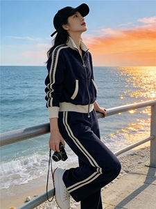 休闲运动套装女装春季新款蓝色短款外套上衣阔腿裤两件套洋气减龄图片