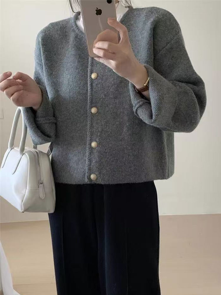 法式灰色小香风毛衣开衫女秋季高级感短款针织外套宽松外搭上衣,针织衫/毛衣,萱芳婷羊绒