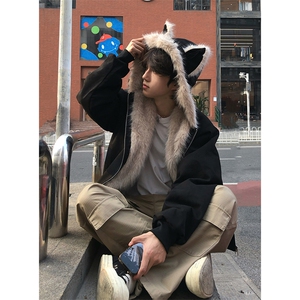 现货重磅硬挺boxy羽绒棉衣座山雕猫耳大毛毛领麂皮棉服冬外套图片