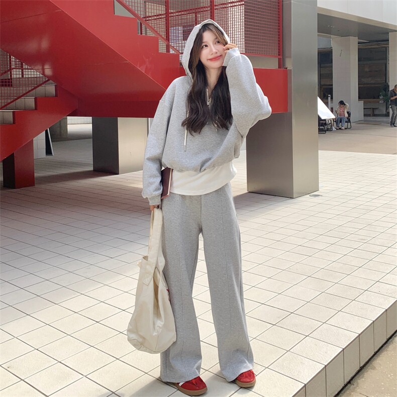 灰色运动套装女2025秋季新款撞色拼接减龄连帽卫衣长裤休闲两件套,女装套装/套裙,2D076