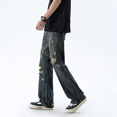 B221美式ins高街暗黑小众夏季重工艺破洞牛仔裤LK24178-P65控88，男装牛仔裤，电商B221