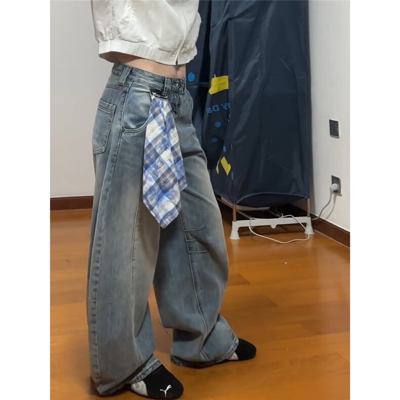原创设计感美式复古格子拼接牛仔裤女2025秋街头宽松阔腿长裤,男装牛仔裤,星座1210-1