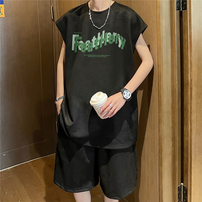 直播美式麂皮绒宽松背心无袖t恤短裤大码两件套套装TZ108-P58,男装T恤,电商A486