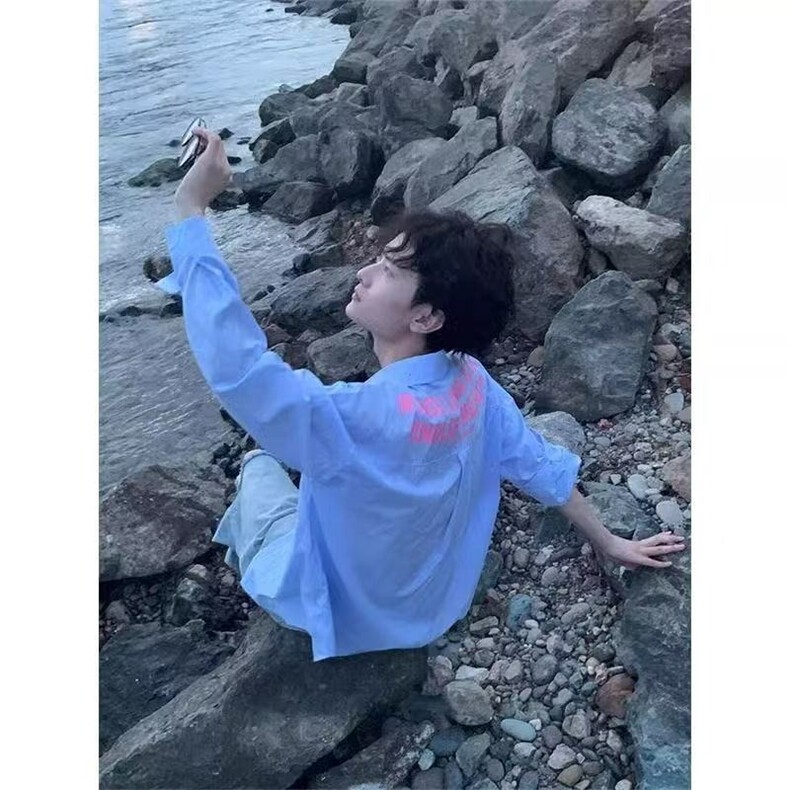 港风休闲慵懒风长袖衬衫男秋冬新款痞帅高级感百搭蓝色条纹上衣潮图片