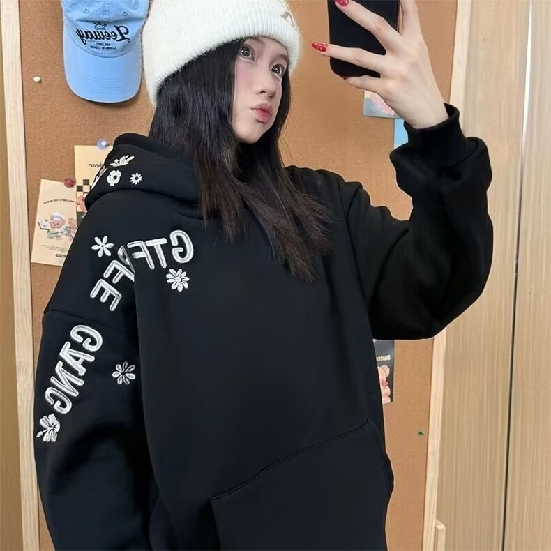 美式复古字母印花连帽休闲卫衣男女2025春秋宽松设计感小众上衣,男装卫衣,星座506A