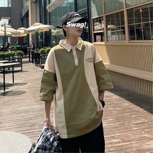 polo衫男短袖拼接字母港风夏季新款2021上衣宽松痞子帅气W766-P25图片