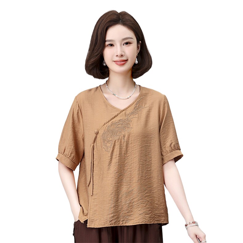 优雅刺绣短袖衬衫女宽松显瘦V领上衣夏季新款时尚百搭女装,女装衬衫,叶笙衣