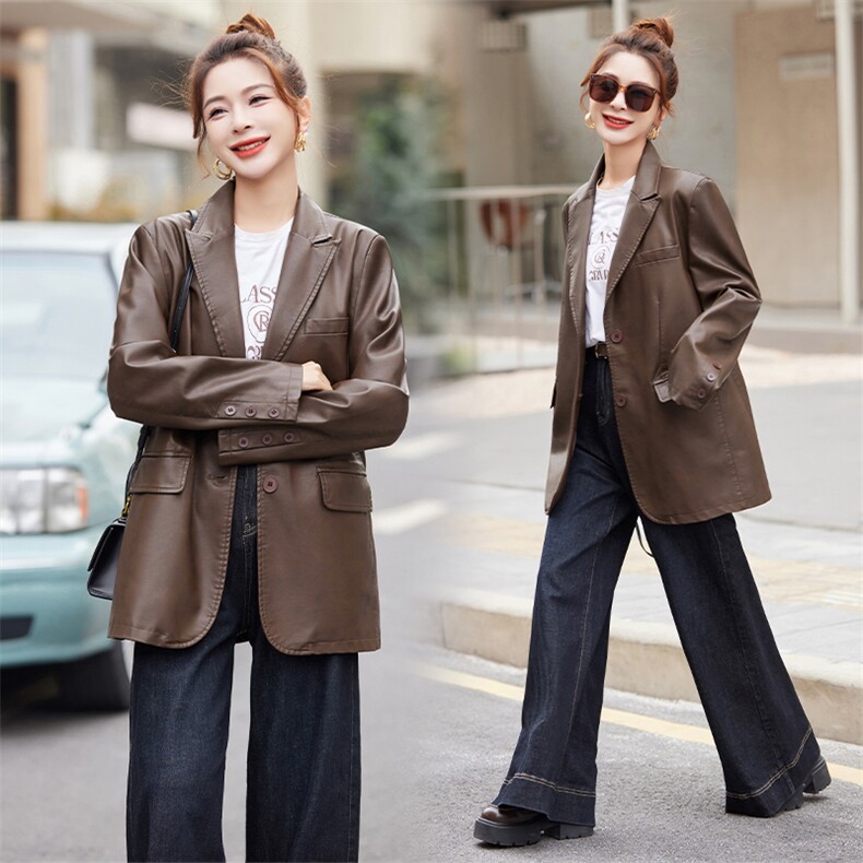 BAO款皮衣女2025新款款小个子高级感宽松春秋季韩版洋气西装外套,女装皮衣,美拉德工厂直营店
