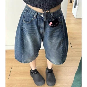 美式复古宽松弯刀五分裤男女街头高级感情侣牛仔短裤潮LD2399-P45图片