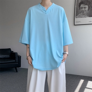 8XL-M短袖t恤男款夏季薄款垂感小V领七分袖加肥加大码DT005特P20图片
