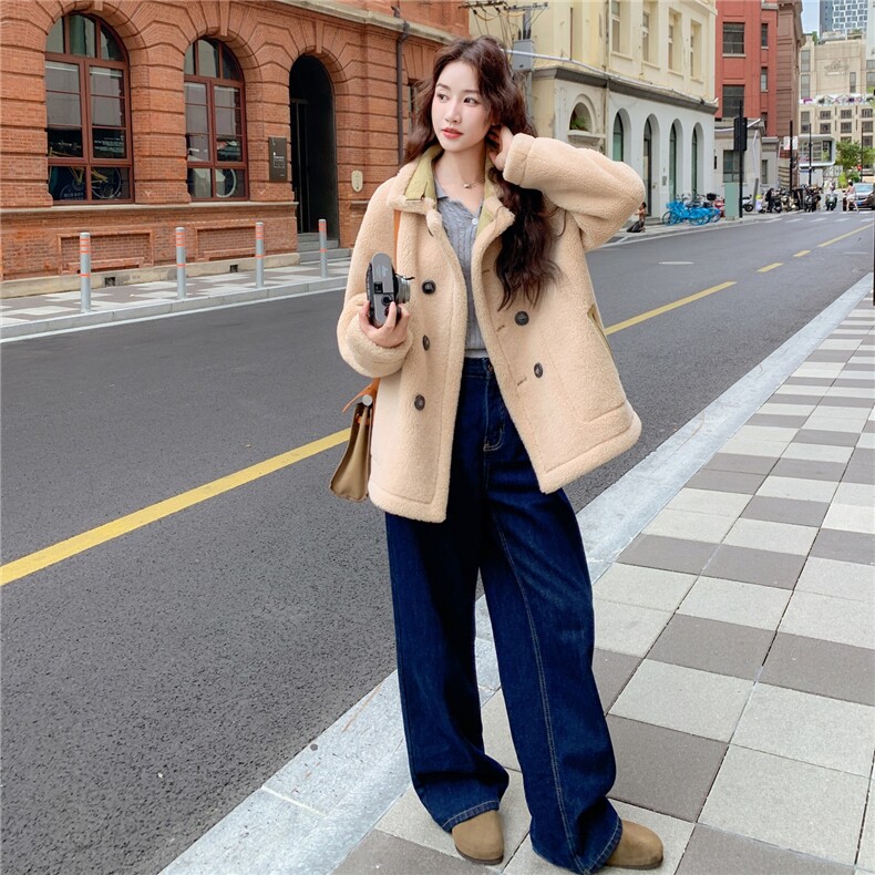 两面穿皮毛一体保暖上衣女冬韩系麂皮绒羊羔毛外套，女装羊羔毛/颗粒绒，浙宝B116