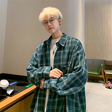 衬衫男春季新款港风宽松大码磨毛格子长袖衬衣CS550-P38，男装衬衫，星座214-3