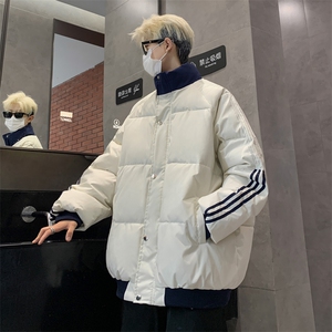 wassuphappy条纹立领棉衣男款冬季潮牌撞色保暖休闲外套加厚棉服,姜黄色裤子与上衣搭配图片