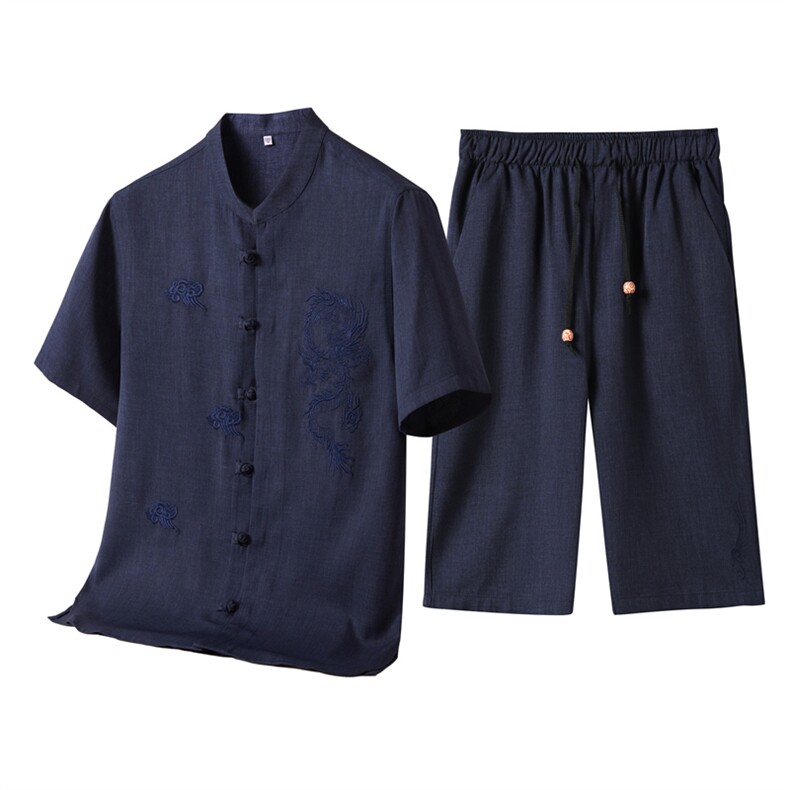 风短袖衬衫唐装短裤两件套男士夏中老年中式汉服MJ5101B-P87,男装衬衫,星座1105-3
