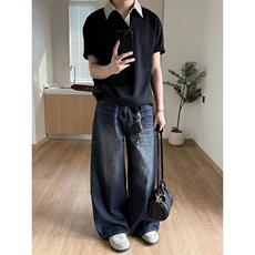得物抖音高品质二开夏季美式潮牌假两件格子衬衫翻领高街短袖T恤，男装T恤，电商A486