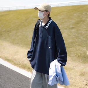 春秋季翻领polo衫长袖外套美式复古日系cityboy卫衣男 W5451-P33图片
