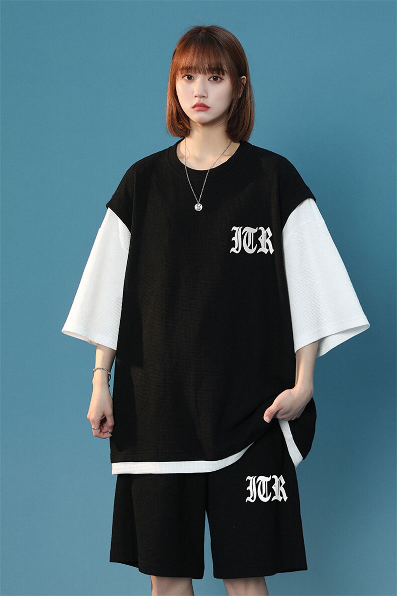 中性风2023夏季设计感小众华夫格字母休闲套装TZ621P75控98,女装运动套装,A247A