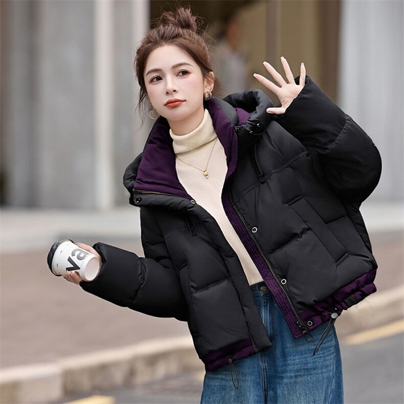 时尚撞色休闲连帽短款羽绒服女冬新款宽松加厚保暖白鸭绒外套,女装羽绒服,韩蔻秀
