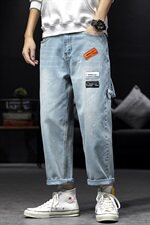 2021春秋季新日系大码男美式直筒布标九分破洞牛仔裤N8001-P45，男装牛仔裤，电商A001
