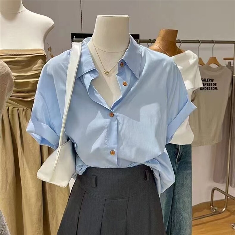 蓝色纯棉短袖衬衫女夏季新款小个子韩版宽松休闲百搭衬衣图片