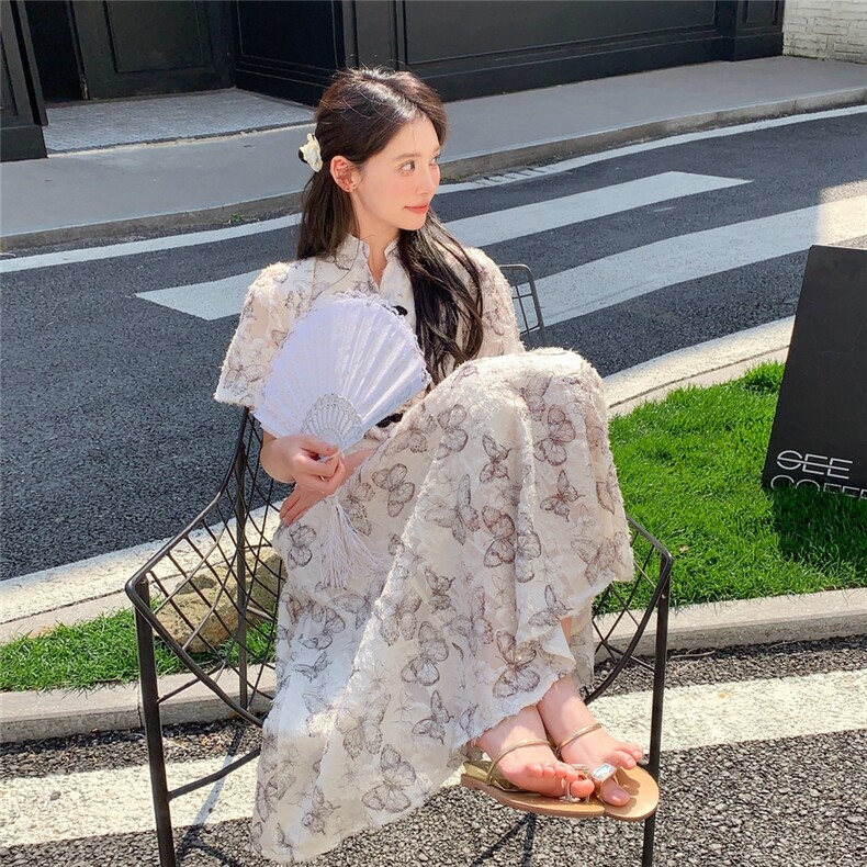新中式改良旗袍超好看连衣裙女2025夏季新款显瘦时尚盘扣国风长裙,女装连衣裙,含赞
