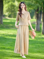 气质优雅纯色短袖收腰小翻领洋气衬衫阔腿裙裤两件套女，女装套装/套裙，水衣源