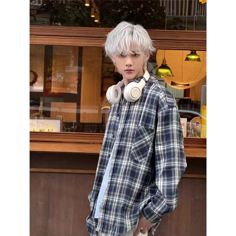 vintage格子衬衫男潮长袖美式复古防晒衬衣夏季cleanfit情侣外套,男装防晒衣,星座601-1