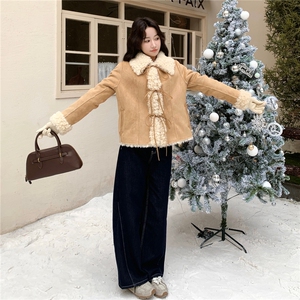 卡其色软糯羊羔毛外套女2025冬季日系蝴蝶结绑带皮毛一体保暖上衣图片