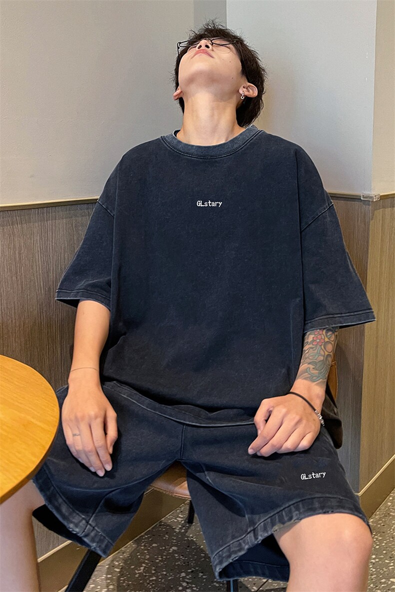 wassuphappy水洗做旧短袖t恤男夏季潮流休闲运动套装帅气两件套,男装休闲套装,电商B371