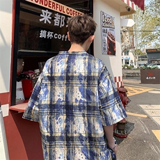 2026夏装美式扎染印花冰丝冰凉格子男五分袖T恤T5508/特P25蓝，男装T恤，电商A094