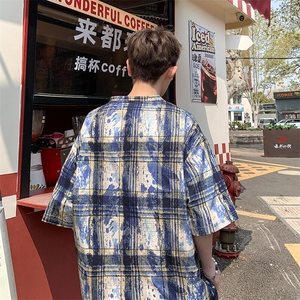 2026夏装美式扎染印花冰丝冰凉格子男五分袖T恤 T5508/特P25 蓝图片