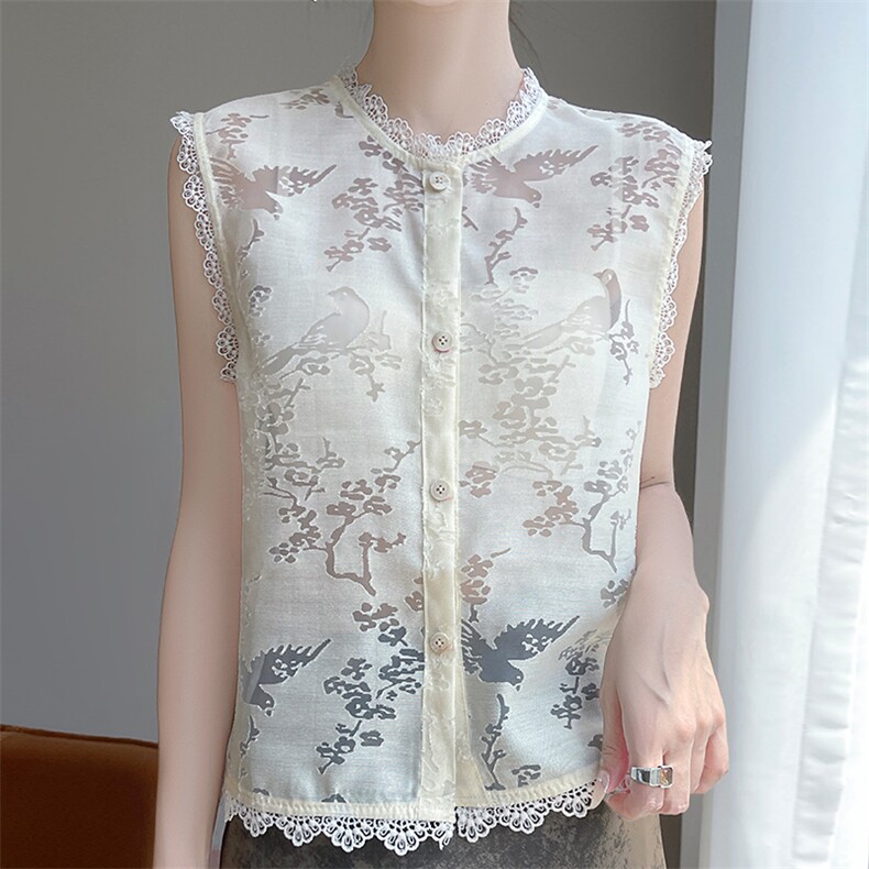 新中式蕾丝花边无袖衬衫女夏季新款气质显瘦百搭镂空提花马甲上衣，女装T恤，圣丽羊绒